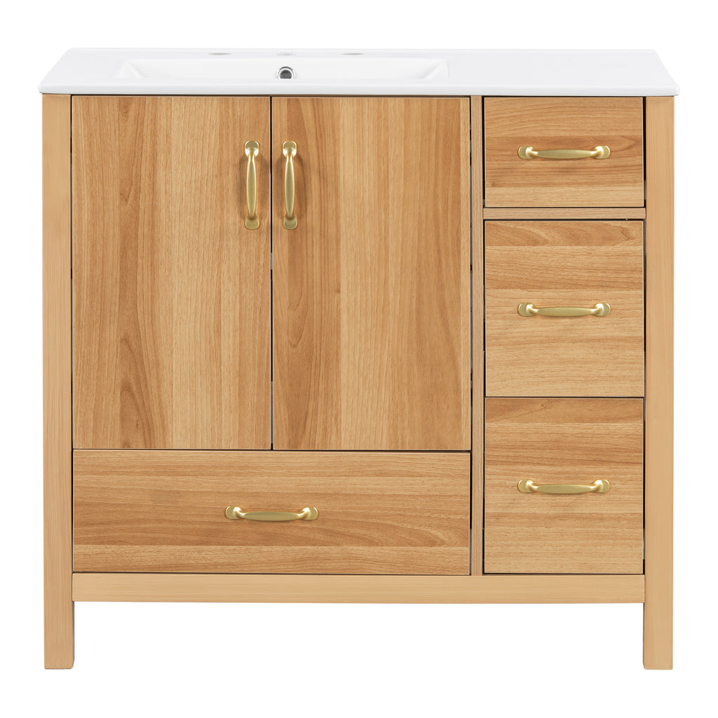 36" Acacia Wood Bathroom Vanity with Sink – Solid Wood Frame, 2 Soft-Close Doors, 4 Soft-Close Drawers & Ceramic Basin