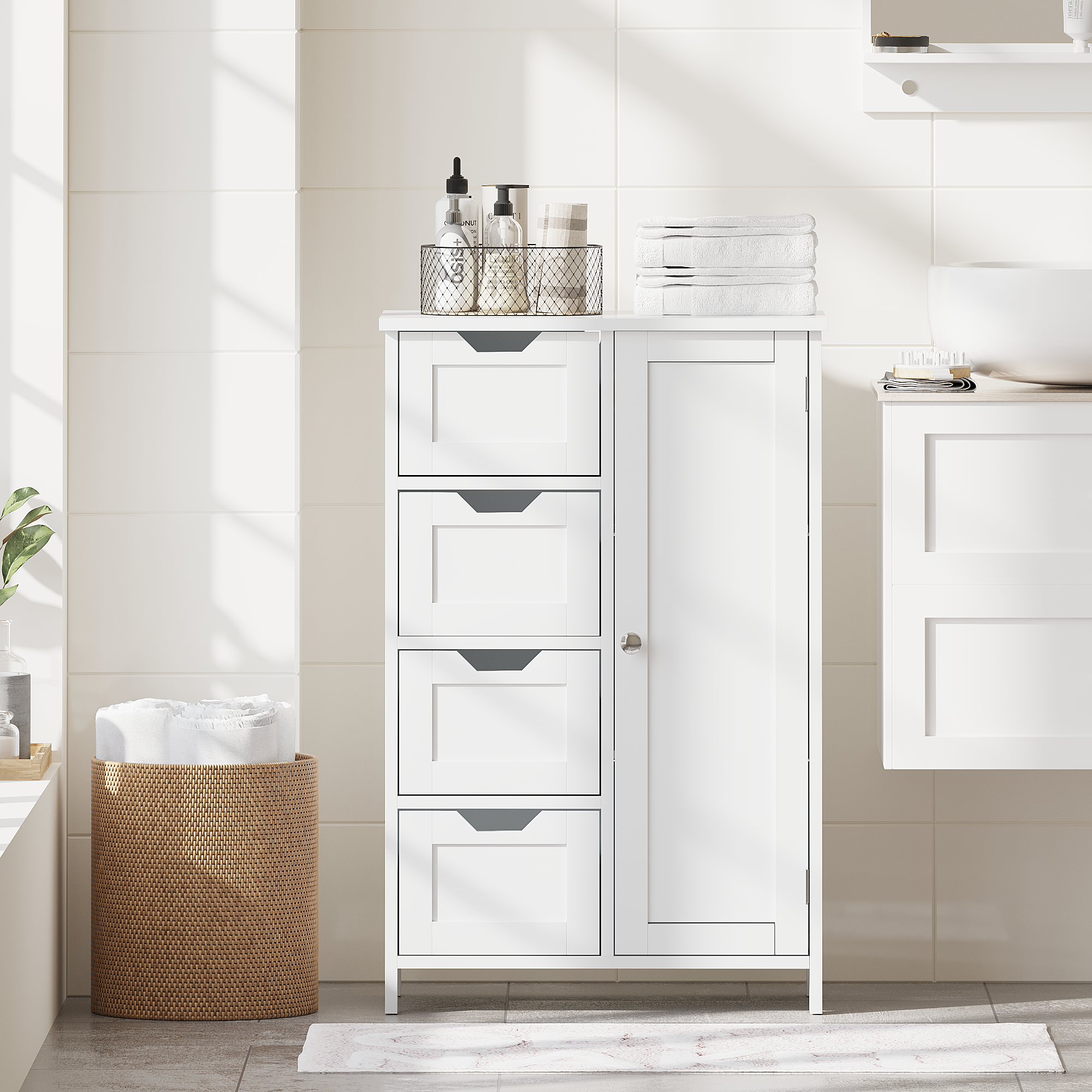 Bathroom Storage Cabinet with 4 Drawers and 1 Door, Freestanding Wooden Floor Organizer for Bathroom, Narrow Storage Cabinet for Small Spaces, Entryway, Living Room or Hallway, White