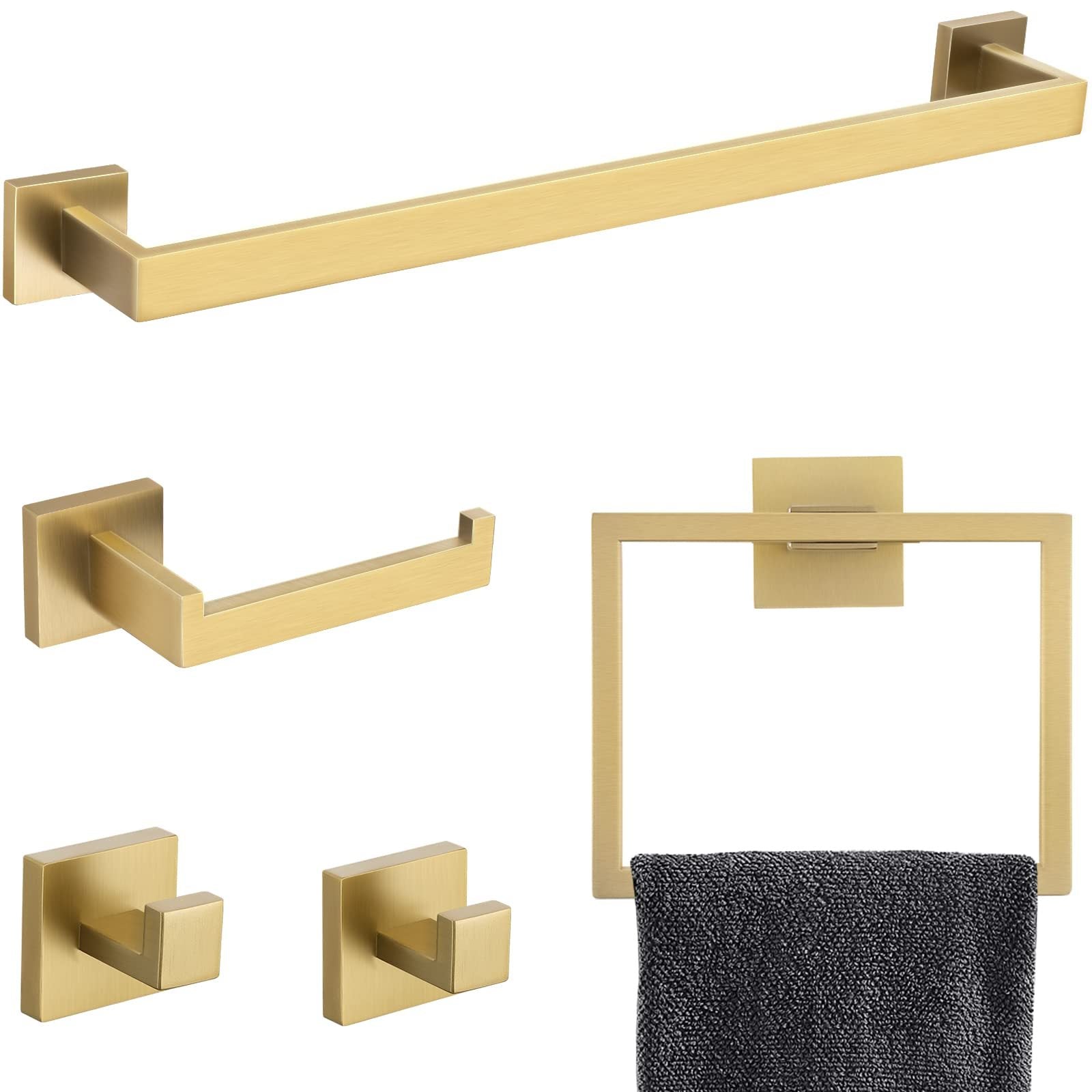 5-Piece Bathroom Hardware Accessories Set | Towel Bar, Wall Mounted, Brushed Gold